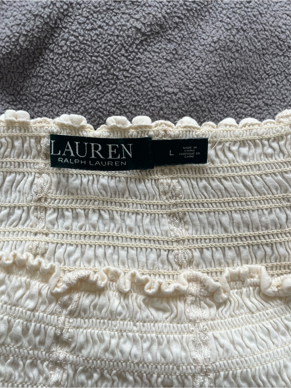 Lauren Ralph Lauren Off Shoulder Top L Cream Smocked Embroidered Boho Cotton - Picture 7 of 8